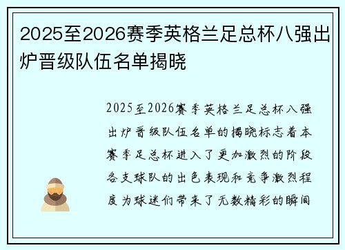 2025至2026赛季英格兰足总杯八强出炉晋级队伍名单揭晓